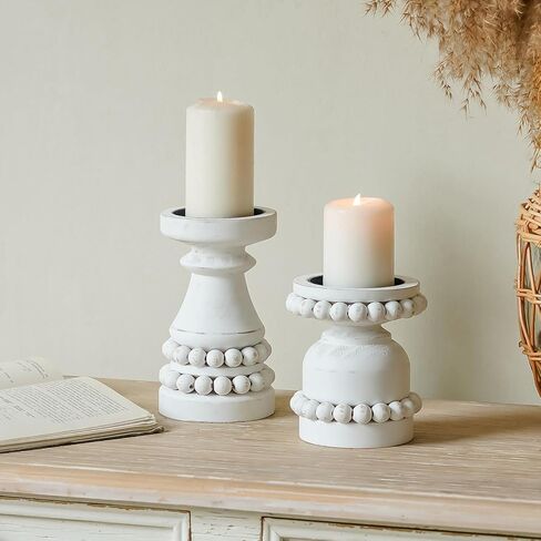 مجموعة حوامل شموع من الخشب الصلب المطرزة بالخرز من NIKKY HOME مكونة من 2، قاعدة شموع خشبية على شكل عمود روسيتك، ديكور قطعة مركزية لطاولة الموقد، باللون الأبيض المتعثر in Kuwait