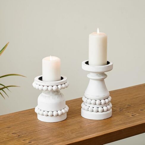 مجموعة حوامل شموع من الخشب الصلب المطرزة بالخرز من NIKKY HOME مكونة من 2، قاعدة شموع خشبية على شكل عمود روسيتك، ديكور قطعة مركزية لطاولة الموقد، باللون الأبيض المتعثر in Kuwait