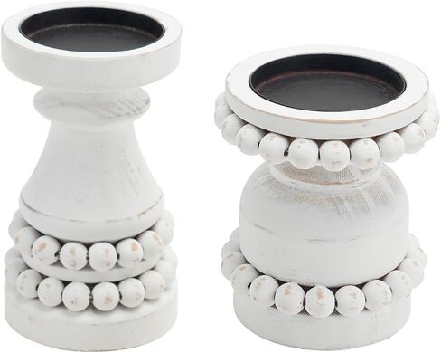 مجموعة حوامل شموع من الخشب الصلب المطرزة بالخرز من NIKKY HOME مكونة من 2، قاعدة شموع خشبية على شكل عمود روسيتك، ديكور قطعة مركزية لطاولة الموقد، باللون الأبيض المتعثر in Kuwait