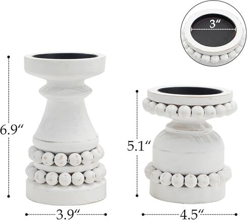 مجموعة حوامل شموع من الخشب الصلب المطرزة بالخرز من NIKKY HOME مكونة من 2، قاعدة شموع خشبية على شكل عمود روسيتك، ديكور قطعة مركزية لطاولة الموقد، باللون الأبيض المتعثر in Kuwait