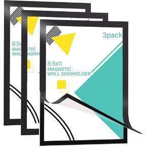 Magnetic Sign Holder 8.5 x 11 Wall Mount, Self Adhesive Display Picture Frames with Strong Magnetic Border and Clear PVC, Document Poster Paper Holder for Home Office Store, 3 Pack