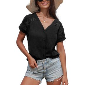CUPSHE Women Tops V-Neck Blouses Short Sleeves Lace Shirt Front Futton Tee Casual Summer