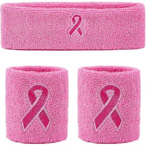 Sweatbands Set for Women,2 Wristbands & 1 Headband,Breast Cancer Wrist Sweat Bands Headbands for Women Pink Ribbon,Breathable Cotton Athletic Bands for Basketball,Tennis,Yoga,Gym,Costumes,Cosplay