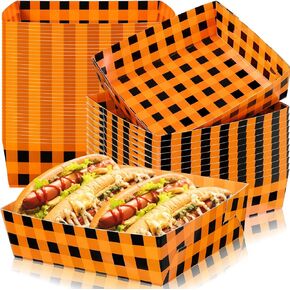 Suclain 36 Pack Gingham Paper Trays 5 lb Grease Resistant Large Snack Serving Trays Disposable Food Boats for Baby Shower Autumn Halloween Thanksgiving Tea Party Supplies (Orange and Black)