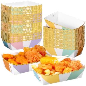 60 Pcs Pastel Paper Food Boats Pastel Paper Food Trays Disposable Hot Dog Boats Trays Reusable Food Baskets Pastel Stripes with Scalloped Gold Foil for Concession Stands, Picnics, or Fairs