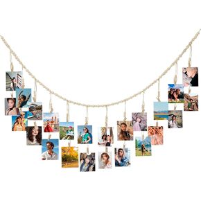 Hanging Photo Display with 24 Clips, 84 Pieces Wooden Bead Garland, Bohemian Style Collage Photo Frame Decoration for Dormitory Decoration, Living Room, Bedroom, Classroom