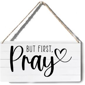 Bible Verse Sign Decor But First Pray Christian Wooden Sign Plaque Wall Hanging Posters Artwork 12"X6" Rustic Home Office Decoration
