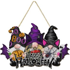 Halloween Door Decoration Welcome Hanging Sign for Front Door, Happy Halloween Porch Sign Door Hanger Wreath Decor Halloween Gnome Wooden Door Sign for Home Window Wall Decor (02)