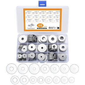 115 Pcs Stainless Steel Large Fender Washers, 15 Sizes Flat Penny Washers Assortment Kit for Car Ship Assembly, Furniture Installation, Electrical Connections, DIY Project (115)