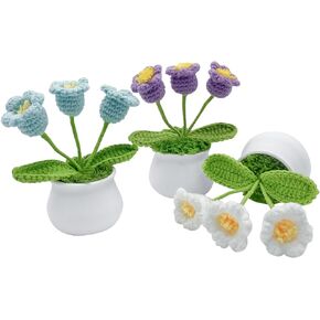 3 PCS Artificial Crochete Flowers Cute Handmade Knitted Potted Plants, Crocheted Flowers Bouquet Finished for Desk Decor Home Decor Car Dashboard Decor, Birthday Gifts (2 Heads Roses)