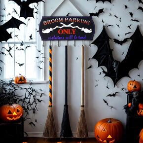 Halloween Decorations, Broom Parking Sign with 3 Wooden Witches Brooms, Hocus Pocus Decoration for Front Porch Home Wall Office Indoor Outdoor Decor