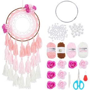 INFUNLY Pink Flower Dream Catcher Kit Tassel Dream Catcher Hanging Ornament DIY Boho Dream Catcher Making Kit Instruction Included Hand Woven Dreamcatcher Wall Decor for Bedroom Living Room Home Decor