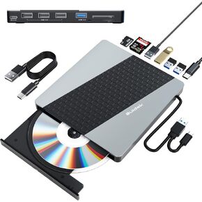 External CD DVD Drive for Laptop, DVD Player Portable CD/DVD +/-RW Burner 8 in 1 USB 3.0 USB C Hub with SD/Micro SD Card Reader Compatible with Laptop Desktop Mac PC Windows Linux