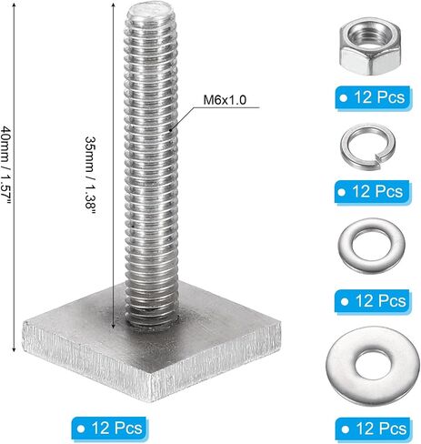 PATIKIL T Slot Bolts M6 x 35mm, 12 Set Square Head T Bolts Roof Rack Stainless Steel T Track Bolts with Nut Washers for Bike Ski Kayak Rack in Saudi Arabia