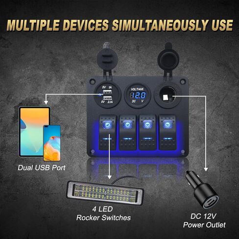 geloo قارب الروك التبديل لوحة للماء، 4 عصابة البحرية لوحة التبديل لوحة الألومنيوم مع 3.1a داول USB مقبس ولاعة السجائر مقبس فولت متر، 12 فولت لوحة التبديل قارب لشاحنة قارب البحرية سيارة rv in Saudi Arabia