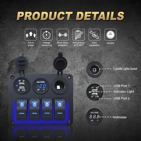 geloo قارب الروك التبديل لوحة للماء، 4 عصابة البحرية لوحة التبديل لوحة الألومنيوم مع 3.1a داول USB مقبس ولاعة السجائر مقبس فولت متر، 12 فولت لوحة التبديل قارب لشاحنة قارب البحرية سيارة rv in Saudi Arabia