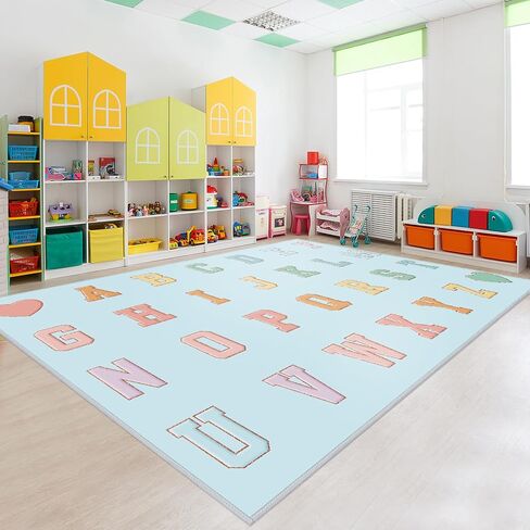 Tiangrid Schoolgirl Style Rainbow Smile Face Educational Area Rug Large Black Multi Color Play Carpet Classroom Rug Children's Classroom Carpet Pastel Rug for Kids Teaching and Playroom, 5' x 7'5" in Saudi Arabia