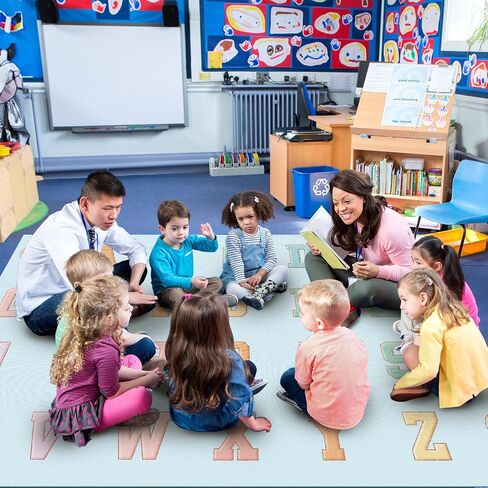 Tiangrid Schoolgirl Style Rainbow Smile Face Educational Area Rug Large Black Multi Color Play Carpet Classroom Rug Children's Classroom Carpet Pastel Rug for Kids Teaching and Playroom, 5' x 7'5" in Saudi Arabia