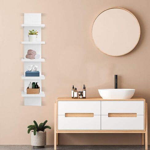 5 Tier Wall Shelf Unit - Narrow Smooth Laminate Finish - Vertical Column Wall Decor Mount Floating Storage Home Decor Organizer Tall Tower Utility Shelf for Bedrooms, Bathrooms，Living Rooms(White) in Saudi Arabia