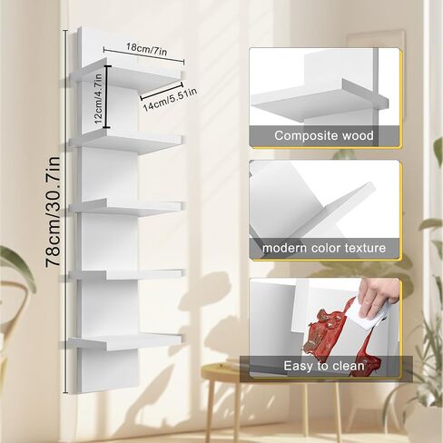 5 Tier Wall Shelf Unit - Narrow Smooth Laminate Finish - Vertical Column Wall Decor Mount Floating Storage Home Decor Organizer Tall Tower Utility Shelf for Bedrooms, Bathrooms，Living Rooms(White) in Saudi Arabia