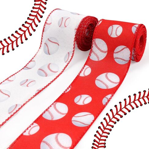 Baseball Wired Edge Ribbons 2.5" 10 Yards, White Wired Edge Decoration Ribbon Sport Fabric Craft Ribbon Burlap Wrapping Ribbon for Sport Team Party DIY Craft Wreath Bow Decor in Saudi Arabia