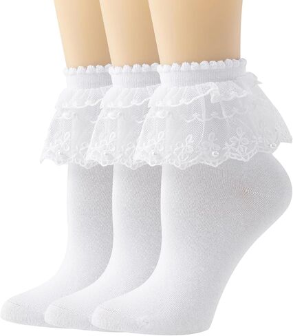 Lace Ruffle Frilly Ankle Socks for Women - Soft Cotton Socks Pearl Lace Socks in Saudi Arabia