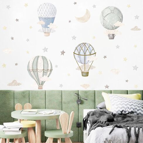 YIMEHDAN Watercolor Hot Air Balloon Wall Decals, Stars Clouds Balloon Vinyl Wall Stickers, Peel and Stick Colorful Artwork for Nursery Bedroom Toddler Room Playroom Decor in Kuwait