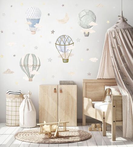 YIMEHDAN Watercolor Hot Air Balloon Wall Decals, Stars Clouds Balloon Vinyl Wall Stickers, Peel and Stick Colorful Artwork for Nursery Bedroom Toddler Room Playroom Decor in Kuwait