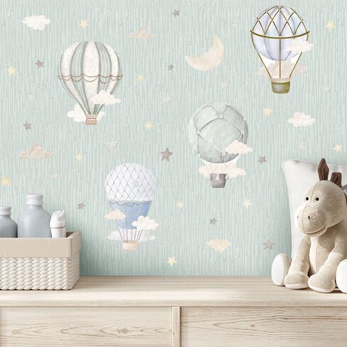 YIMEHDAN Watercolor Hot Air Balloon Wall Decals, Stars Clouds Balloon Vinyl Wall Stickers, Peel and Stick Colorful Artwork for Nursery Bedroom Toddler Room Playroom Decor in Kuwait