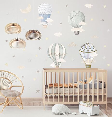 YIMEHDAN Watercolor Hot Air Balloon Wall Decals, Stars Clouds Balloon Vinyl Wall Stickers, Peel and Stick Colorful Artwork for Nursery Bedroom Toddler Room Playroom Decor in Kuwait