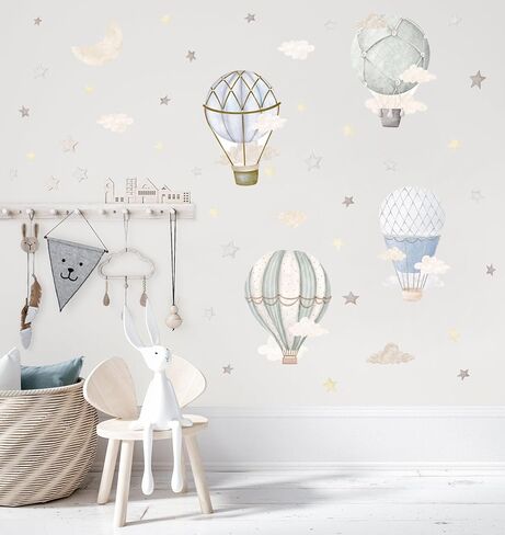 YIMEHDAN Watercolor Hot Air Balloon Wall Decals, Stars Clouds Balloon Vinyl Wall Stickers, Peel and Stick Colorful Artwork for Nursery Bedroom Toddler Room Playroom Decor in Kuwait