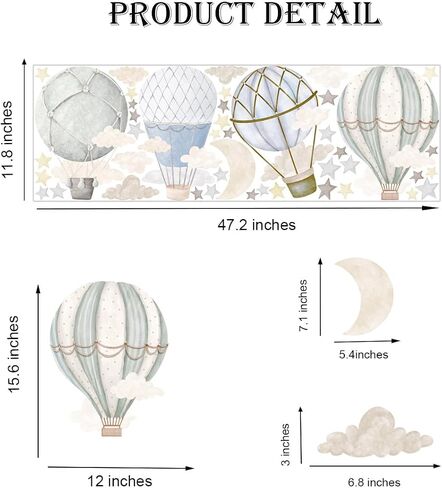 YIMEHDAN Watercolor Hot Air Balloon Wall Decals, Stars Clouds Balloon Vinyl Wall Stickers, Peel and Stick Colorful Artwork for Nursery Bedroom Toddler Room Playroom Decor in Kuwait