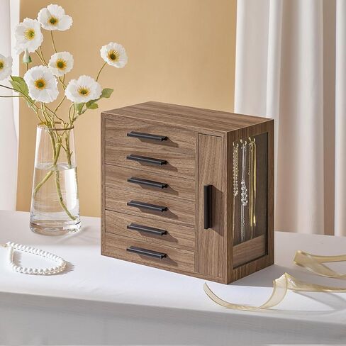 HOOBRO Jewelry Box for Women, Jewelry Organizer Box, 6-Tier Wooden Jewelry Box, Jewelry Case with Side Transparent Window, for Earring, Necklace, Bracelet, Ring, Walnut and Black BH12JB04 in Kuwait