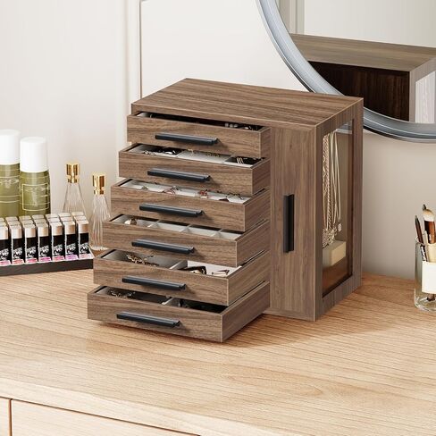 HOOBRO Jewelry Box for Women, Jewelry Organizer Box, 6-Tier Wooden Jewelry Box, Jewelry Case with Side Transparent Window, for Earring, Necklace, Bracelet, Ring, Walnut and Black BH12JB04 in Kuwait