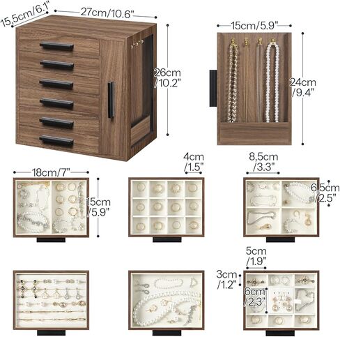 HOOBRO Jewelry Box for Women, Jewelry Organizer Box, 6-Tier Wooden Jewelry Box, Jewelry Case with Side Transparent Window, for Earring, Necklace, Bracelet, Ring, Walnut and Black BH12JB04 in Kuwait