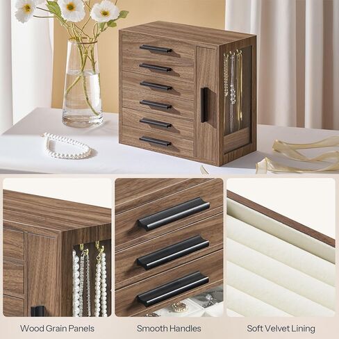 HOOBRO Jewelry Box for Women, Jewelry Organizer Box, 6-Tier Wooden Jewelry Box, Jewelry Case with Side Transparent Window, for Earring, Necklace, Bracelet, Ring, Walnut and Black BH12JB04 in Kuwait