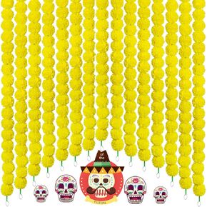 Marigold Garland for Decoration - 5 Pcs of 5 feet Long Strands Artificial Marigold Flowers, Indian Décor for Pooja, Faux Wedding Garland,Dia de Los Muertos,Christmas (Orange)