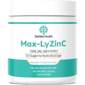 ماكس-ليزين سي | L-Lysine 1100 mg + Zinc 6 mg + Vitamin C 100 mg - مكمل 3 في 1 للحفاظ على نسبة السكر في الدم بالفعل في النطاق الصحي - مسحوق ملعقة واحدة في اليوم