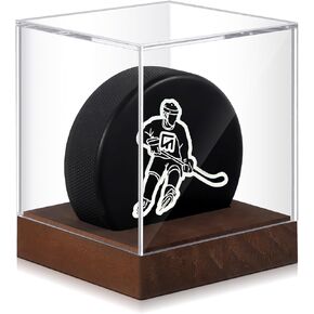 Hockey Puck Display Case Acrylic Clear Holder with Wood Base 3.3 x 3.3 x 3.3 Inch Anti-uv Autograph Souvenir Display Stand Hockey Puck Display Stand for Autographed Collectibles Souvenir