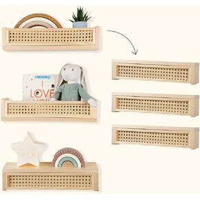Rattan Shelf 3 Pack, 16 inch Nursery Shelves for Wall, Rattan Decor Boho Shelves, Rattan Bookshelf for Nursery, Floating Book Shelves for Wall, Wicker Shelves, Nursery Book Shelves, Rattan Wall Shelf