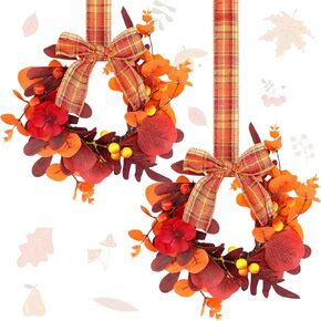 Syhood 2 Pack 9 Inch Mini Thanksgiving Fall Wreaths for Front Door Autumn Maple Leaf Wreath with Rustic Bow Wreath Small Thanksgiving Kitchen Cabinet for Porch Wall Window Decor
