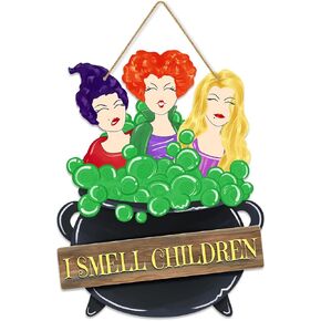 Halloween Decorations Hocus Pocus I Smell Children Hanging Sign Front Door Hanger Wreath Decor Indoor Outdoor Yard Wall Decor Horror Witch Wooden Door Sign for Halloween Party Supplies