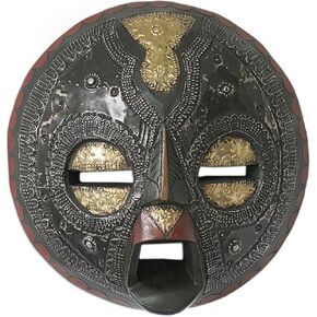 NOVICA Ghanaian Sese Wood Wall Mask with Brass and Aluminum Accents, 'Sign of Protection'