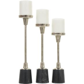 Deco 79 Aluminum Metal Decorative Candle Holder Slim Candle Stand with Black Marble Base, Set of 3 Candlestick Holder 15", 13", 11" H, Silver