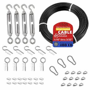 String Light Hanging Kit with Black Vinyl Coated 304 Stainless Steel Wire Rope,1/16 Inch Overmolded to 3/32 Inch,Turnbuckles and Hooks for Patio, Outdoor Post Light Accessories(100ft-23set)