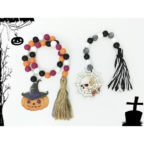 2P Halloween Wood Beads Garland Rustic Farmhouse Bead Garland Wall Hanging Decor with Witch Pumpkin ，Skull Spider and Linen Tassels Beaded Tiered Tray Decor for Halloween