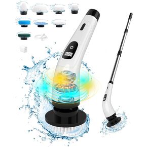 Electric Spin Scrubber,Shower Scrubber IPX7 Waterproof with 8 Replaceable Brush Heads and Adjustable Removable Extension Handle,3 Adjustable Speeds,Suitable for Bathtub Tile Floor (White)