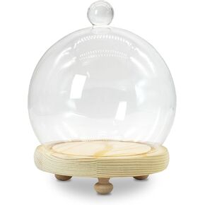 Clear Cloche Glass Dome with Wooden Base Round Glass Cloche Globe Display Dome Cover for Plants Decorations Crafts Ball-Shaped Display Case D3.9"