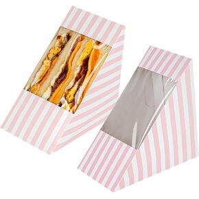 Restaurantware Cafe Vision 4.8 x 2 Inch Sandwich Paper Boxes 200 Small Sandwich Wedge Boxes - With Window Disposable Blue And White Paper Triangle Sandwich Containers Striped Grease-Impervious