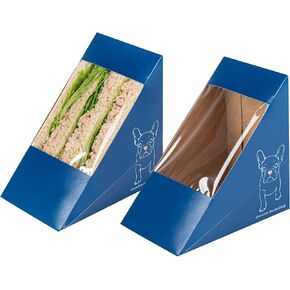 Restaurantware Cafe Vision 4.8 x 2 Inch Sandwich Paper Boxes 200 Small Sandwich Wedge Boxes - With Window Disposable Blue And White Paper Triangle Sandwich Containers Striped Grease-Impervious